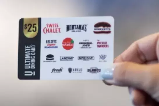 hand with light blue nailpolish holding a $25 dining giftcard with 14 restaurant logos on the card hand with light blue nailpolish holding a $25 dining giftcard with 14 restaurant logos on the card
